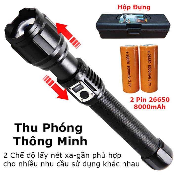 Đèn pin siêu sáng cầm tay XHP360 chiếu xa 500m có Zoom xa gần, pin trâu 16000mAh, chống thấm nước IPX4, 5 chế độ sáng