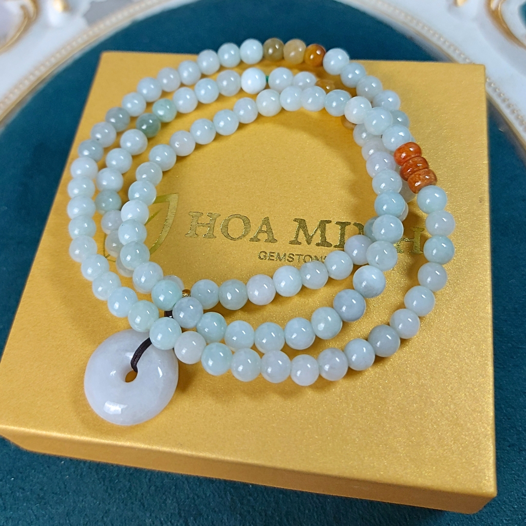 Vòng tay chuỗi 108 hạt Cẩm Thạch bạch ngọc nếp băng size hạt 5.5 li phối điếu cẩm thạch phong thủy tài lộc