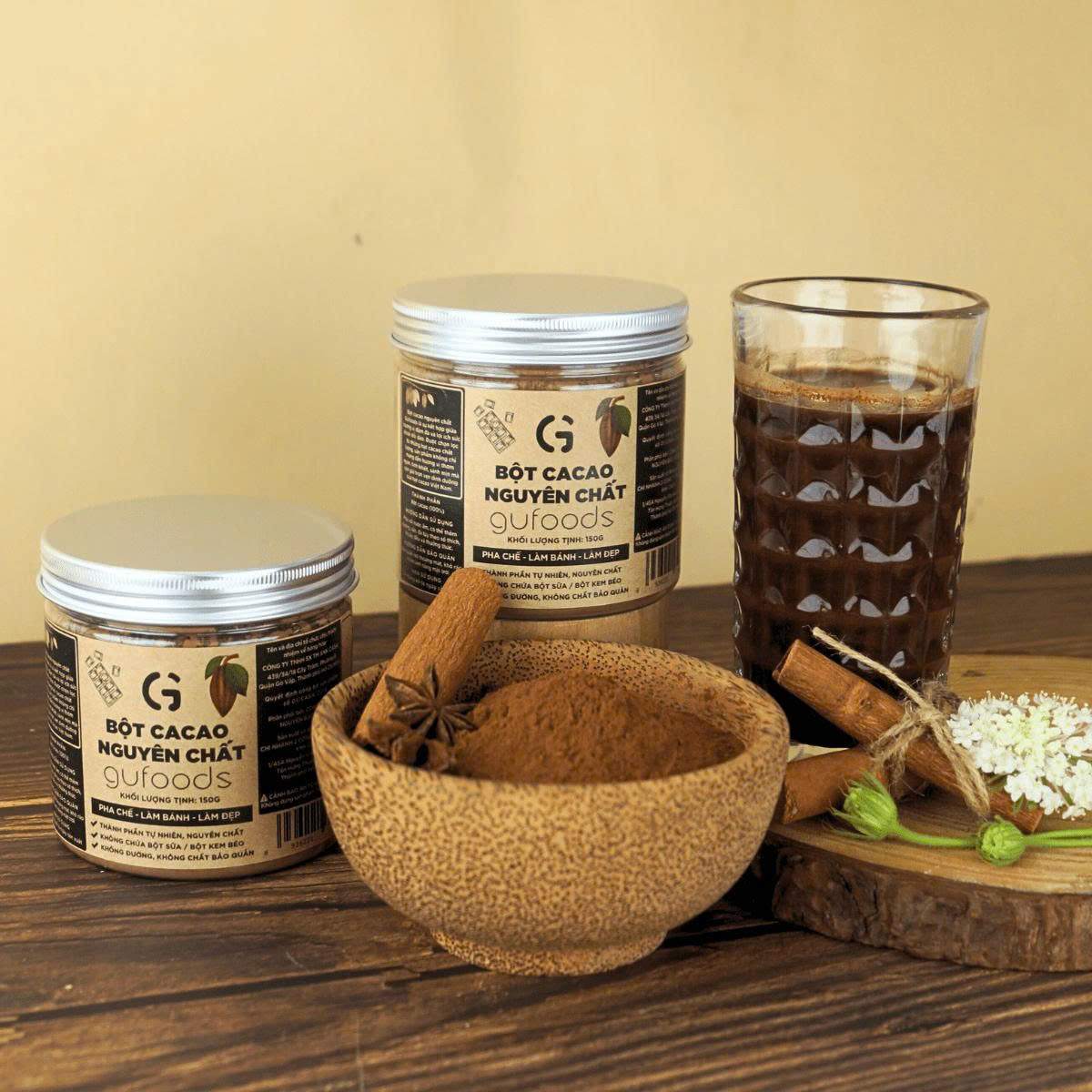 Bột Cacao Nguyên Chất Gufoods 150g - 100% Nguyên Chất, Không Đường, Giàu Flavan, Người Ăn Chay, Healthy, Làm Bánh