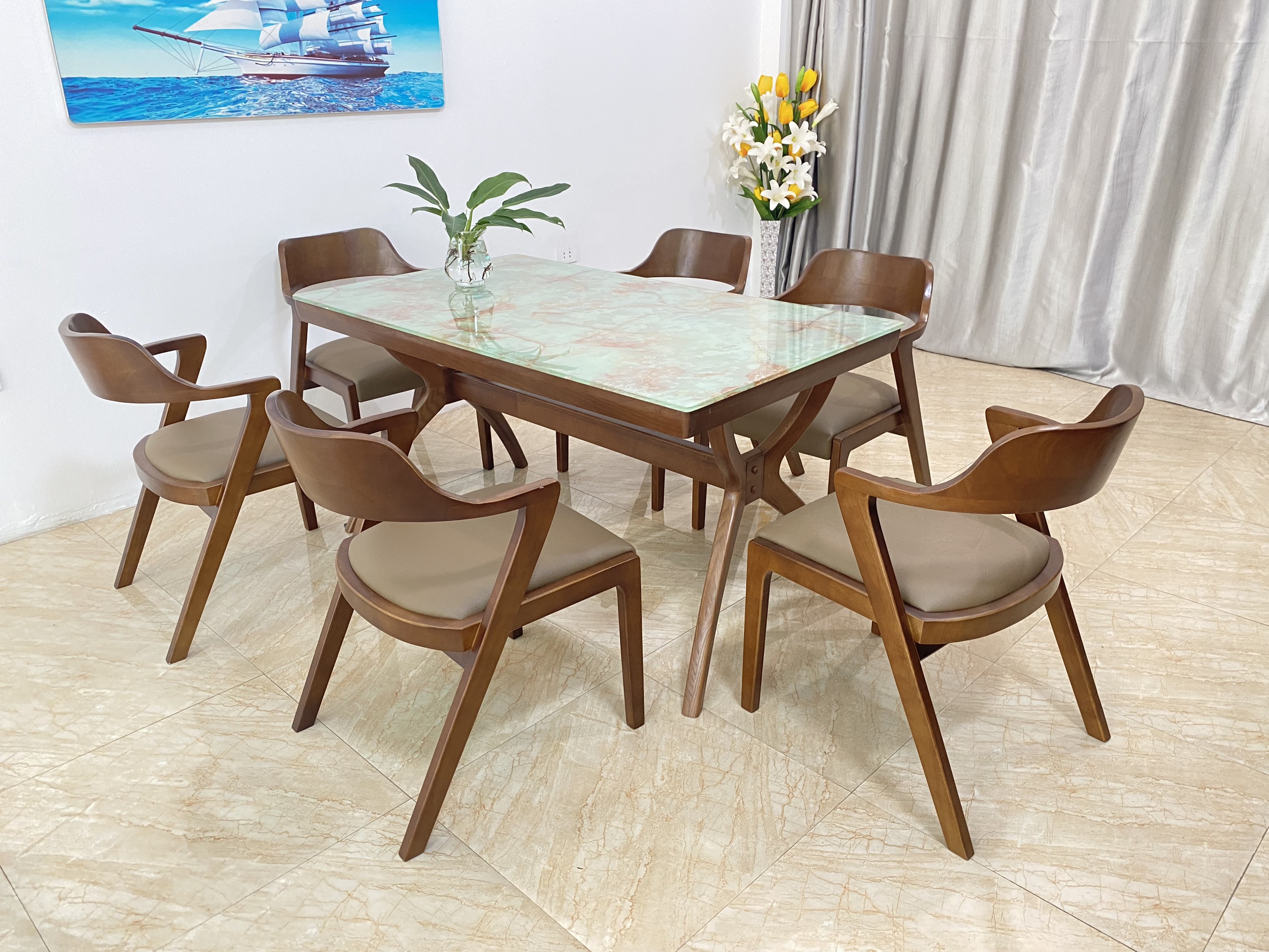 Bộ bàn ăn Mặt kính Saint 6 ghế S6G14W