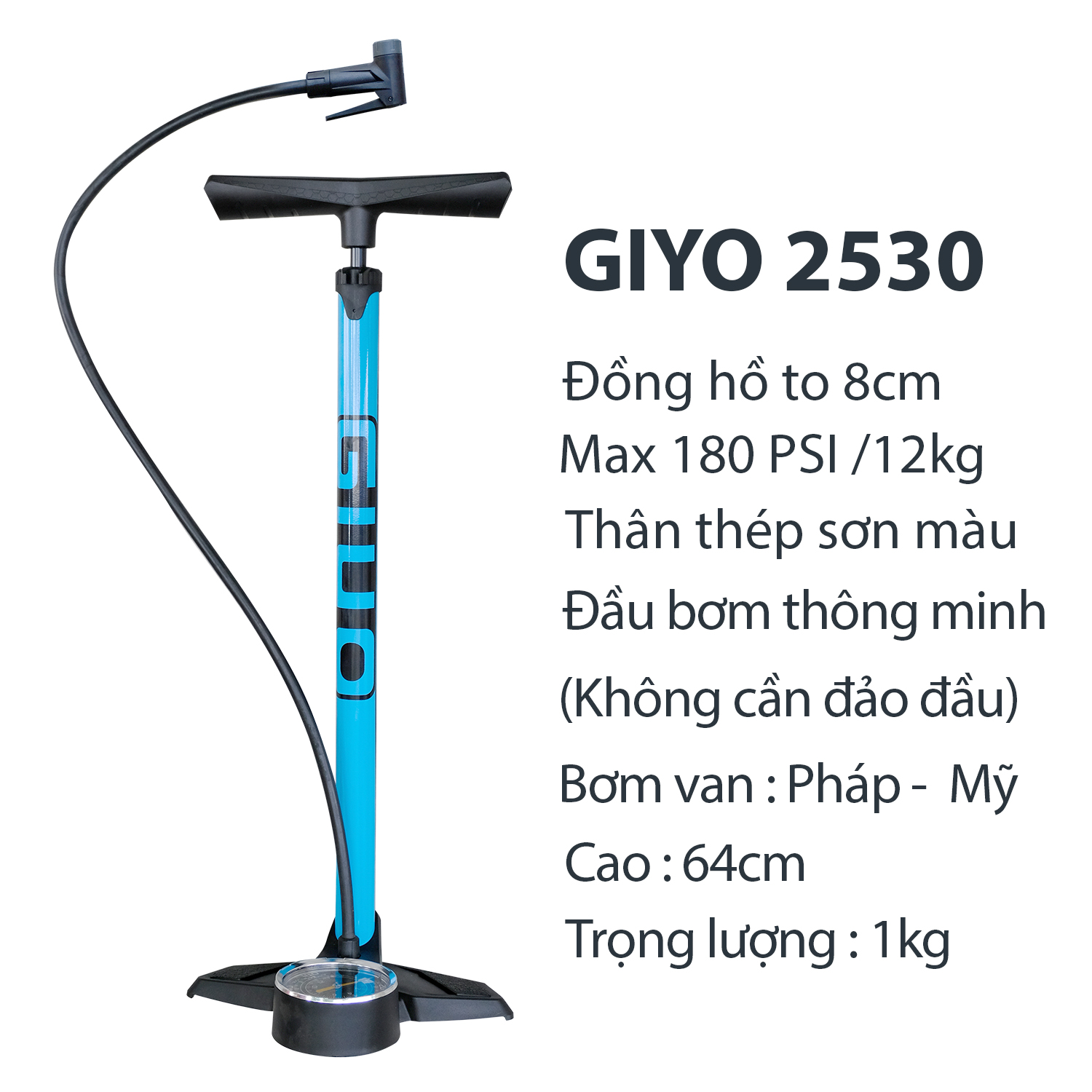 Bơm xe đạp GIYO 2530 Áp suất 180PSI/12KG đầu bơm thông minh thân thép