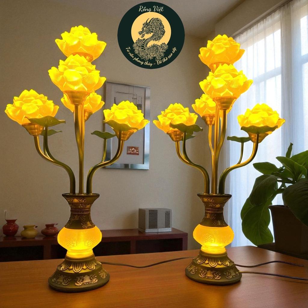 Đèn thờ 5 bông lưu ly RỒNG VIỆT - Thiết kế tinh xảo, thân đồng sắc nét, cho ban thờ thần tài.