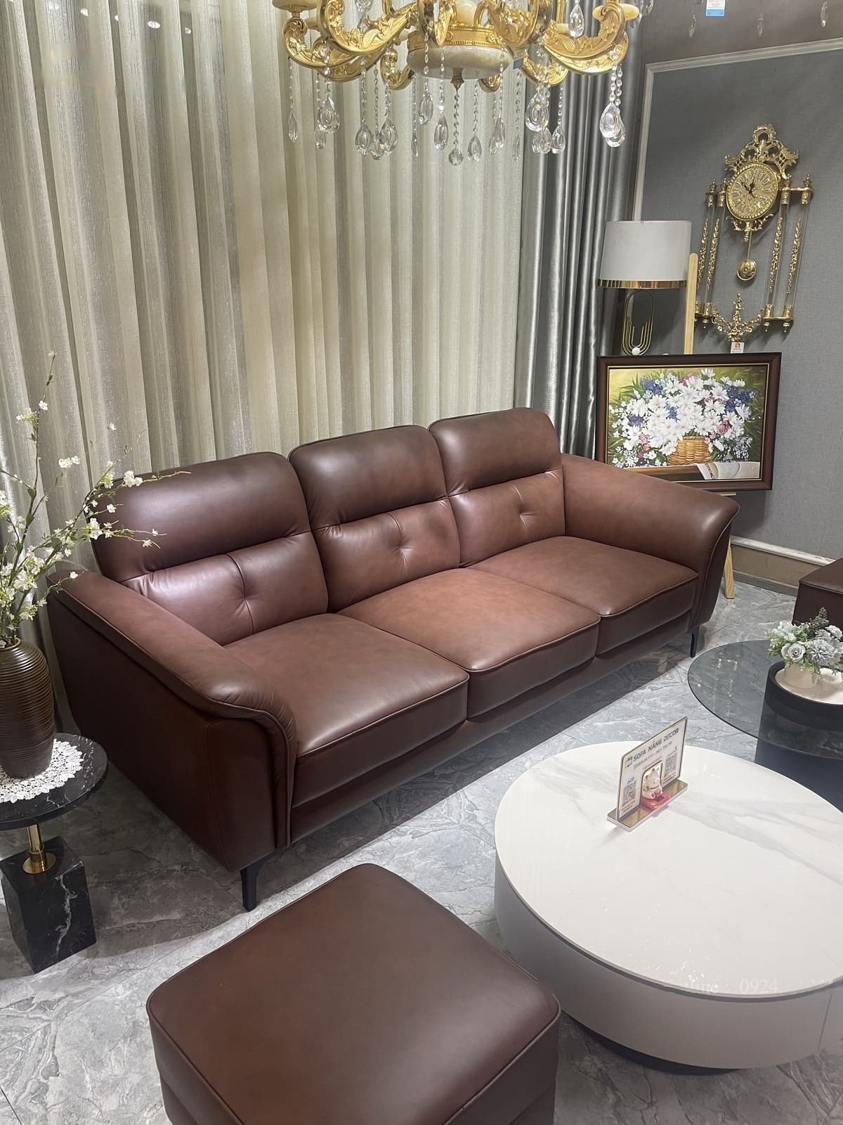 Sofa băng 100% da bò Italy Juno sofa màu nâu SFBCT06 hàng cao cấp chuẩn da bò nhập khẩu Ý