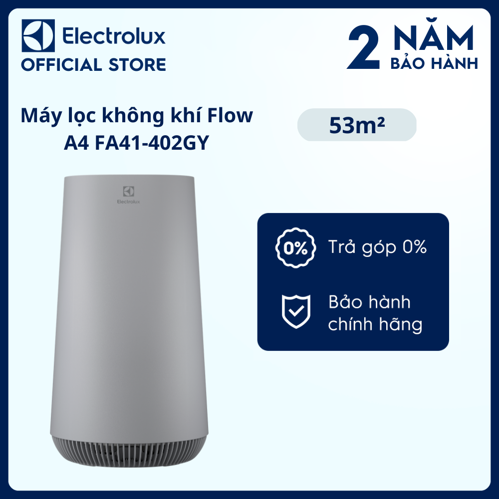 Máy lọc không khí Electrolux 4 bước lọc Flow A4 cho phòng có diện tích 53m² - FA41-402GY - Lọc sạch bụi mịn và khử mùi, cảm biến đo chất lượng khí và điều chỉnh bộ lọc [Hàng chính hãng]