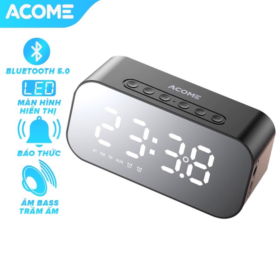 Loa Bluetooth ACOME A5 5W Màn Hình LED Đồng Hồ Báo Thức - Hỗ Trợ Thẻ Nhớ &amp; Nghe FM - Hàng Chính Hãng