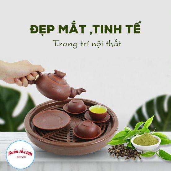 Khay trà tròn giả gỗ chất liệu nhựa Việt Nhật - Khay đựng ấm chén sang trọng dễ tháo rời, cọ rửa