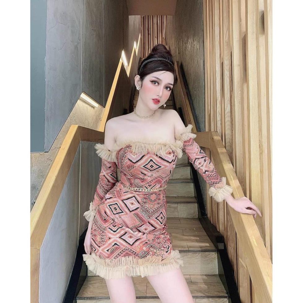 Váy đầm nữ body trễ vai tay dài phối bèo lưới (có mút) HT93