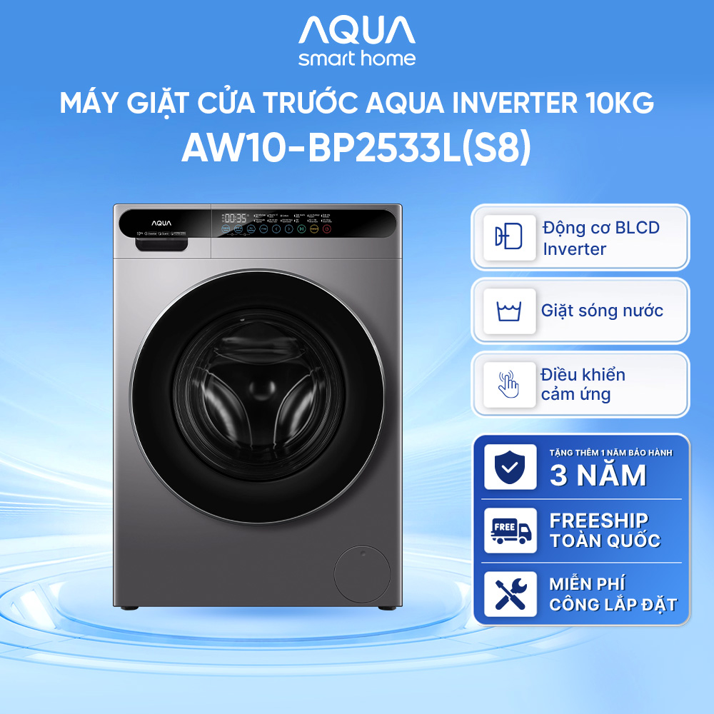 [SẮP RA MẮT 2026] Máy giặt cửa trước AQUA Inverter 10kg AW10-BP2533L(S8) - Bảo hành 2 năm - Freeship toàn quốc - Hàng chính hãng