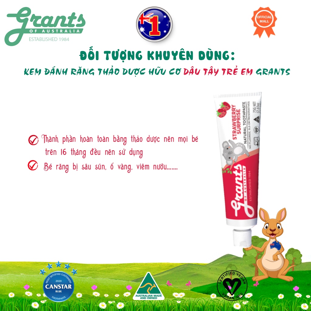 Kem đánh răng trẻ em thảo dược dâu tây Grants 75g - Bảo vệ răng sữa cho bé, ngăn ngừa răng sâu sún