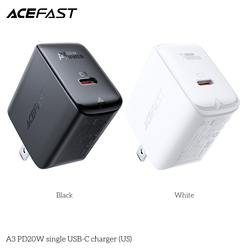 Adapter Sạc Acefast PD 3.0 20W 1 Cổng USB Type-C Chuôi Dẹt US A3 - Hàng Chính Hãng