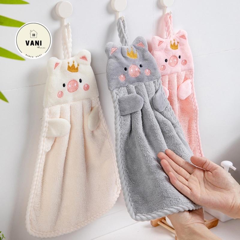 Khăn lau tay nhà bếp có quai treo thêu hoạ tiết HÌNH HEO siêu mềm mại và thấm hút tốt - Khăn lau tay treo tường hình heo