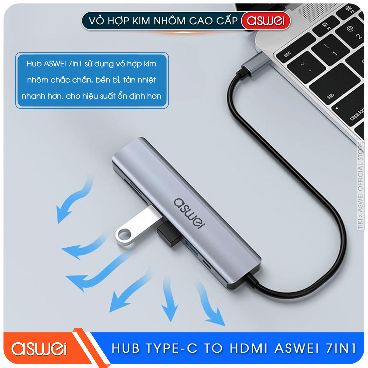 Hub Type C ASWEI 7 in 1 To HDMI, USB 3.0, SD, TF, USB-C, PD 100W - Hàng Chính Hãng