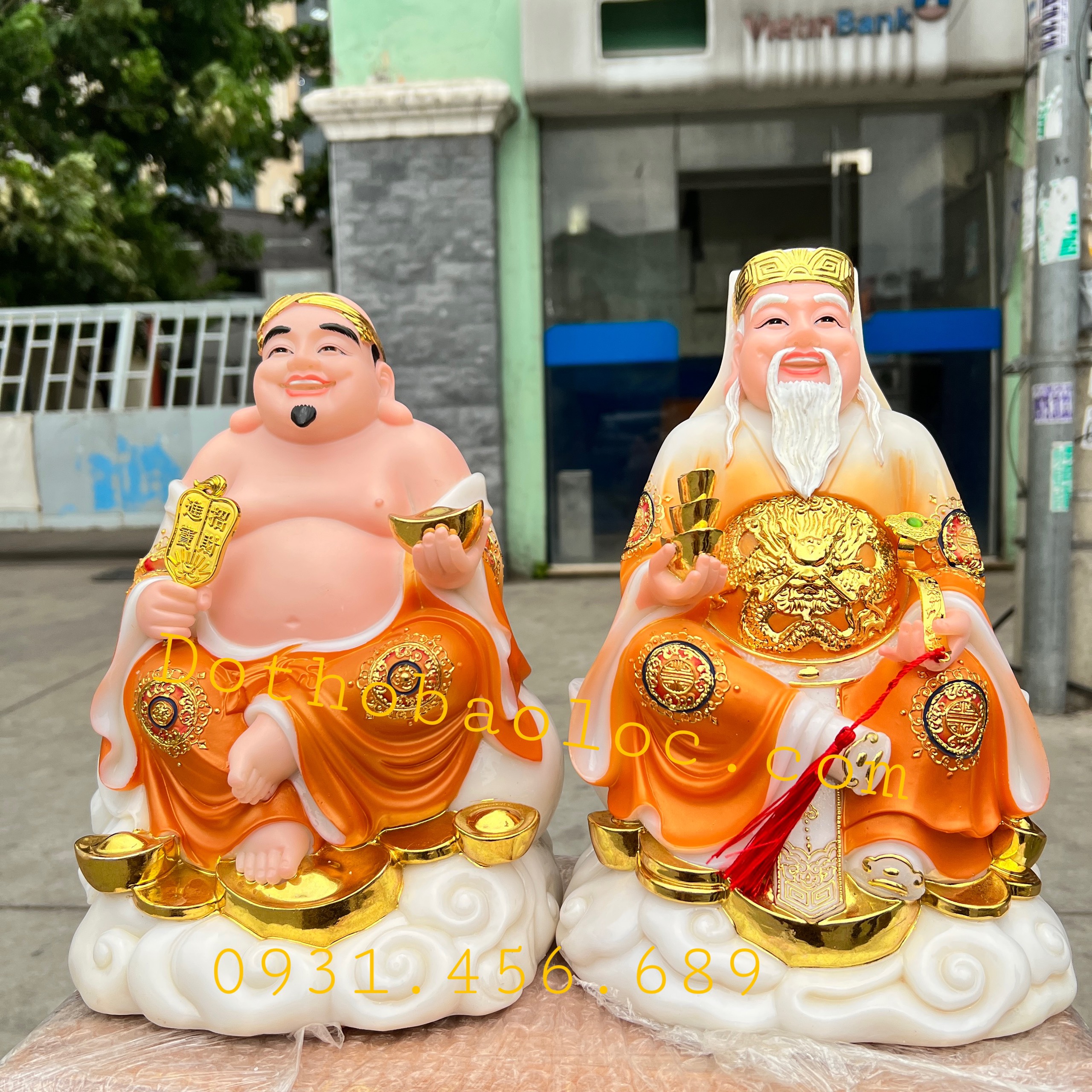 Cặp tượng thần tài ông địa đá cao cấp nhập khẩu Đài Loan cao 30cm- Màu Vàng Cam