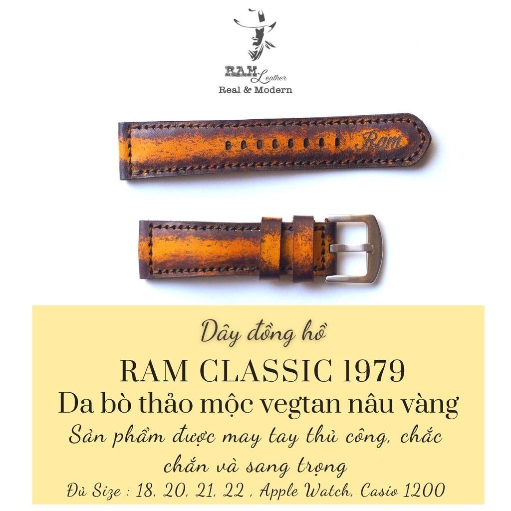 Dây đồng hồ RAM da bò thảo mộc vegtan Ý bền chắc - Ram classic 1970 socola nền vàng