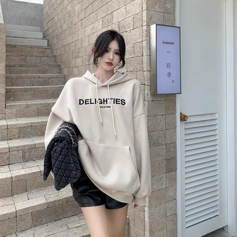 Áo Khoác nỉ hoodie chất nỉ cotton bản cao cấp siêu đẹp và dày dặn, in chữ Delighties form rộng Unisex 2 lớp tay bồng - NQC04