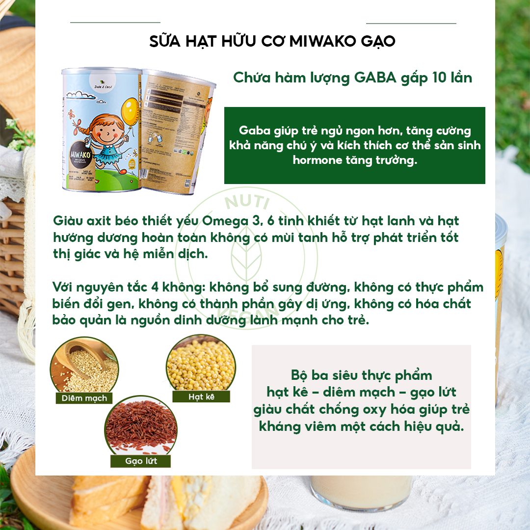 Sữa Hạt Miwako Vị Gạo Hộp 400g x 1 Hộp Chuẩn Hữu Cơ Hoa Kỳ, Tăng Cường Đề Kháng, Miễn Dịch - Miwako Việt Nam