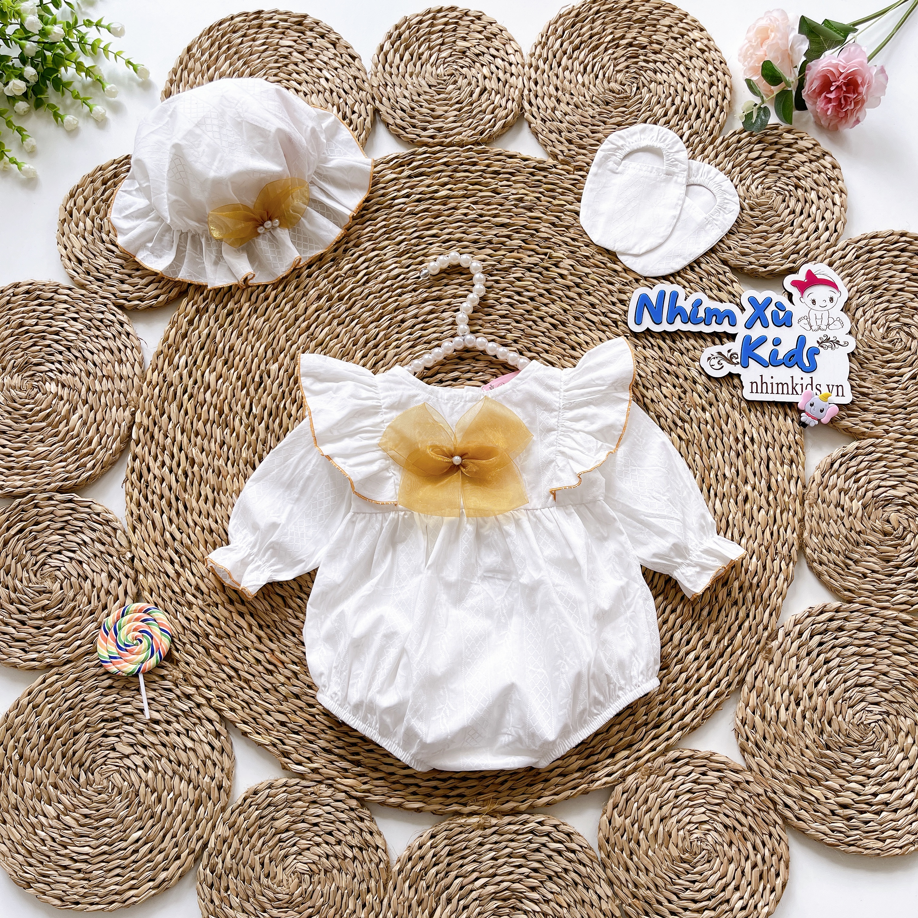 Bodysuit Nơ Handmade Bé Gái 3 Đến 12kg, Áo Liền Quần Bé Gái Chất Thô Nhật [A406