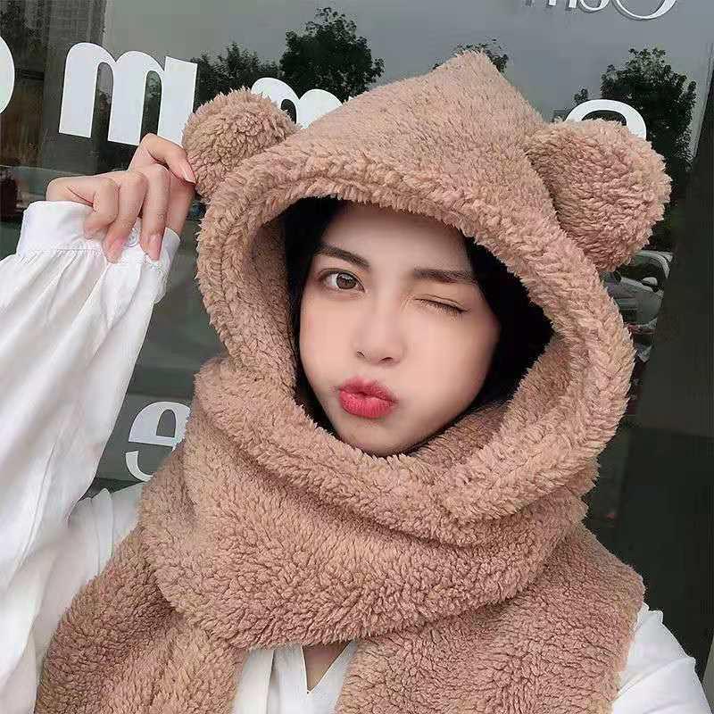 Mũ lông tai gấu 3 trong 1 có khăn quàng cổ và bao tay cho mùa đông ấm áp