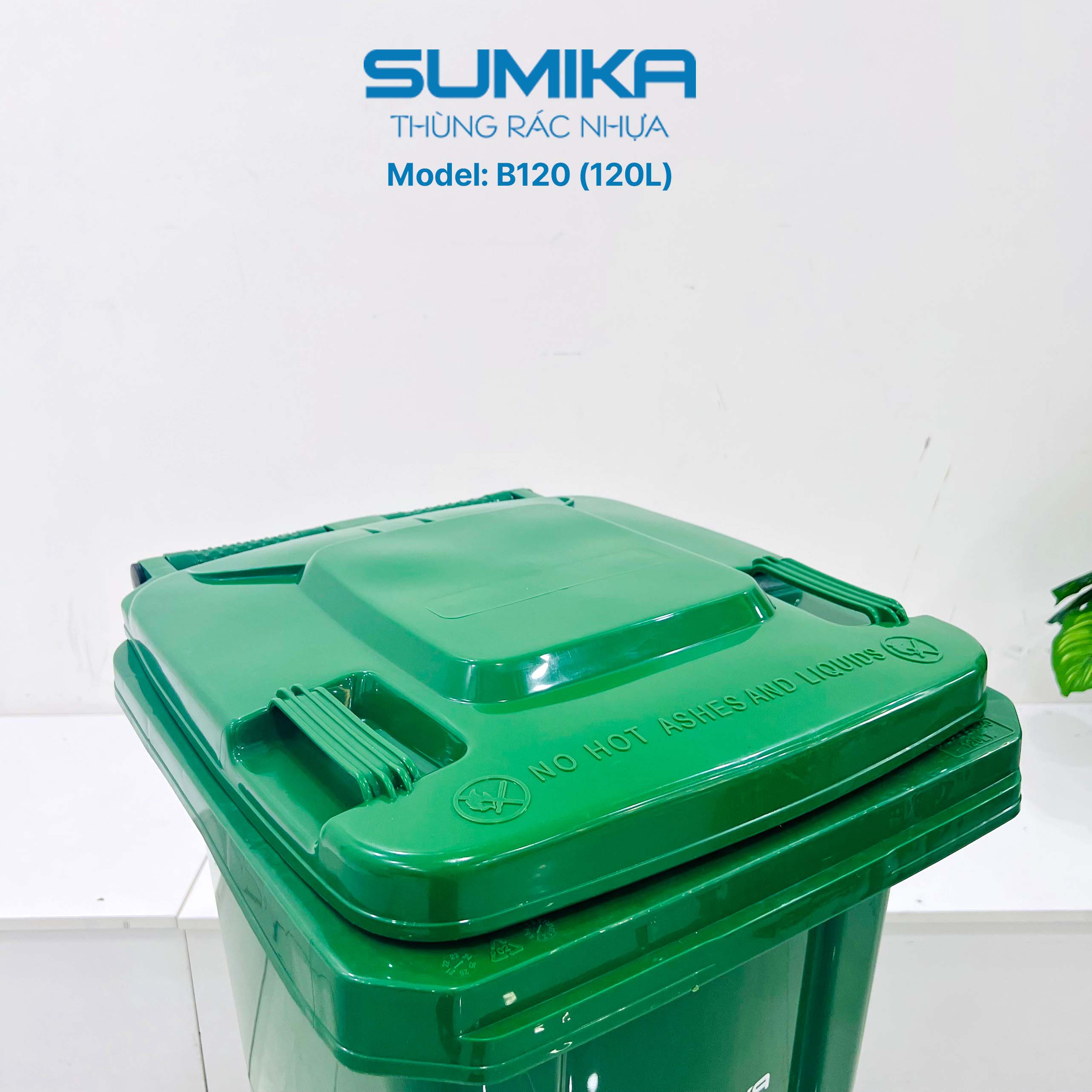 Thùng rác nhựa công cộng SUMIKA B120, dung tích 120L, có bánh xe