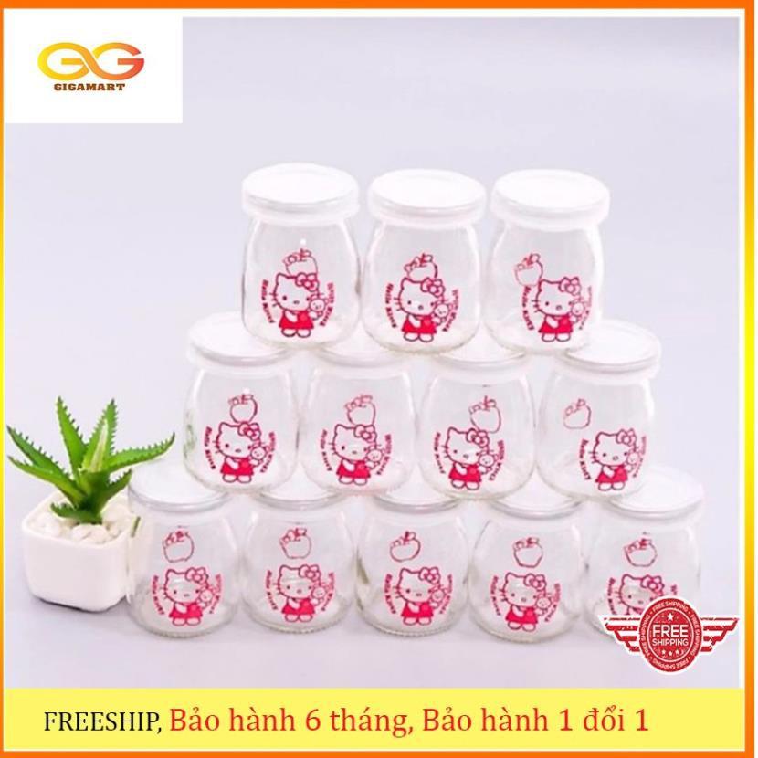 Bộ 12 hũ thủy tinh làm sữa chua 100ml , có nắp đậy, in hình Hello Kitty