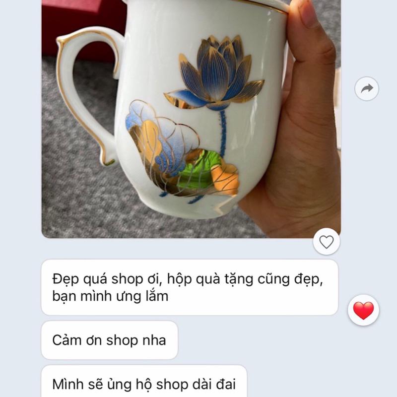 Cốc ly sứ có quai có nắp vẽ sen vàng kim 350ml - Gốm sứ Bát Tràng