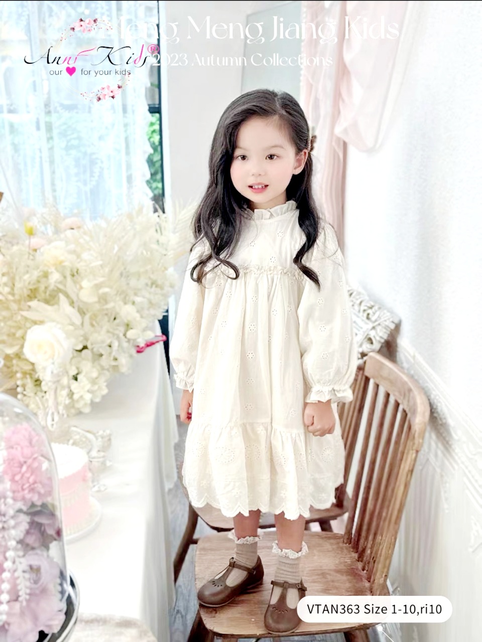 Váy bé gái dài tay, Đầm trắng cho bé 1-10 tuổi thêu hoa cổ viền vuông vải thô boil mềm mại kiểu dáng điệu đà