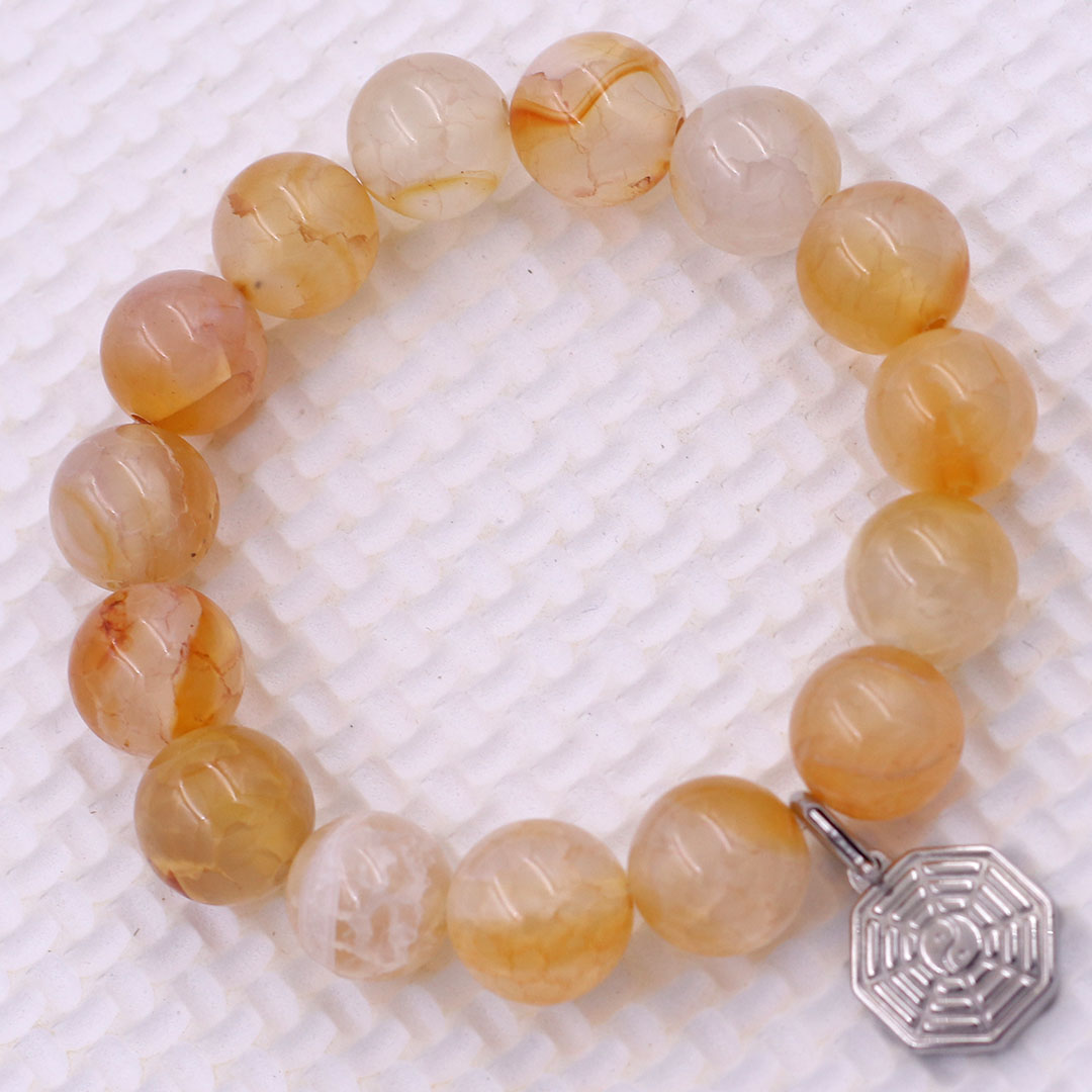 Vòng chuỗi đeo tay mã não vân rạn cam trắng charm bát quái inox, vòng tay hạt chuỗi, vòng chuỗi phong thủy, vòng tay nam nữ