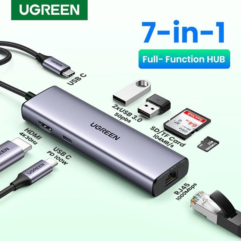 Ugreen UG90568CM512TK 4K30Hz Bộ chuyển 7in1 USB type C sang 2*USB3.0 + HDMI + RJ45 + SD &amp; TF + PD Converter - HÀNG CHÍNH HÃNG