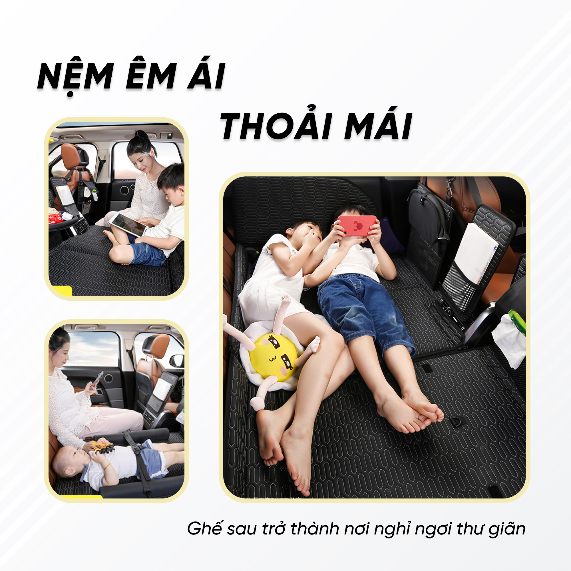 Giường Đệm Gấp Gọn Xe Ô Tô 4 Đến 7 Chỗ Hàng VN Sản Xuất | Nệm Có Thể Tách Làm 2 Mảnh, Tích Hợp Túi Treo, Bàn Ăn