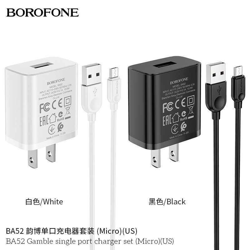 Bộ Cóc Cáp Sạc Borofone BA52 Cổng Micro - 1 Cổng USB 2.1A chuẩn US- Hàng  Nhập Khẩu ( Giao màu ngẫu nhiên)