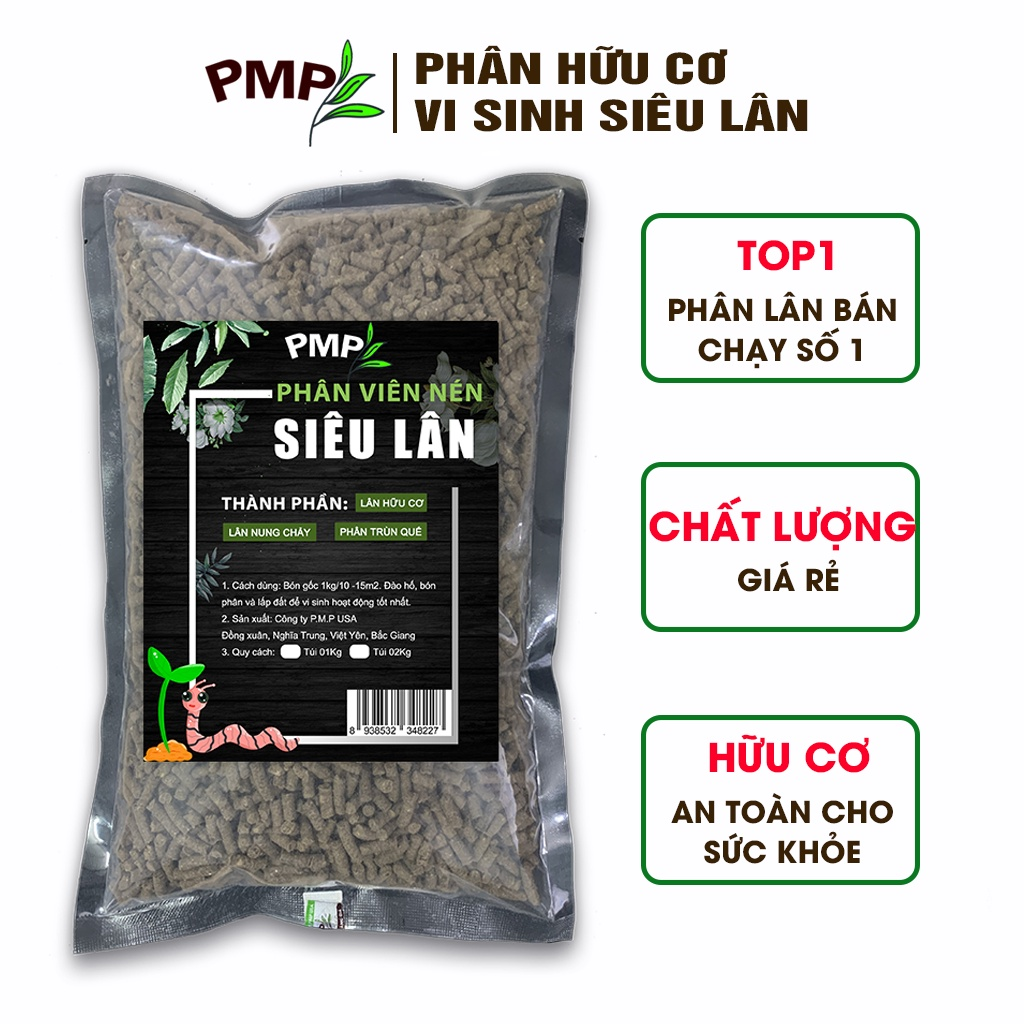 Phân tan chậm vi sinh siêu lân PMP bón cho hoa, cây cảnh, rau sạch dạng viên nén 1kg