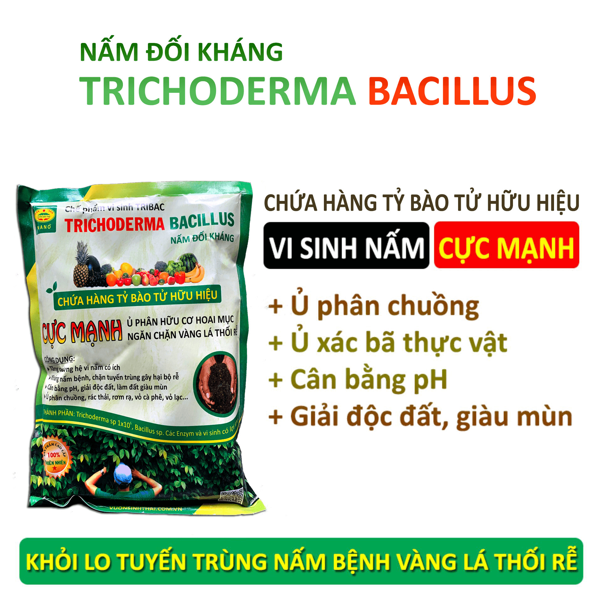 Combo 2 gói Chế phẩm vi sinh Trichoderma TRIBAC. Nấm đối kháng cực mạnh. Ngăn chặn tuyến trùng, nấm bệnh gây vàng lá thối rễ. Ủ phân chuồng hoai mục. Hàng chính hãng. Mới nhất