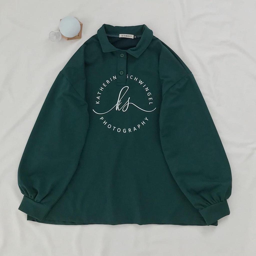 Set đồ nam nữ form rộng unisex-áo polo dài tay cúc cài kèm quần short đùi logo chất thun tăm