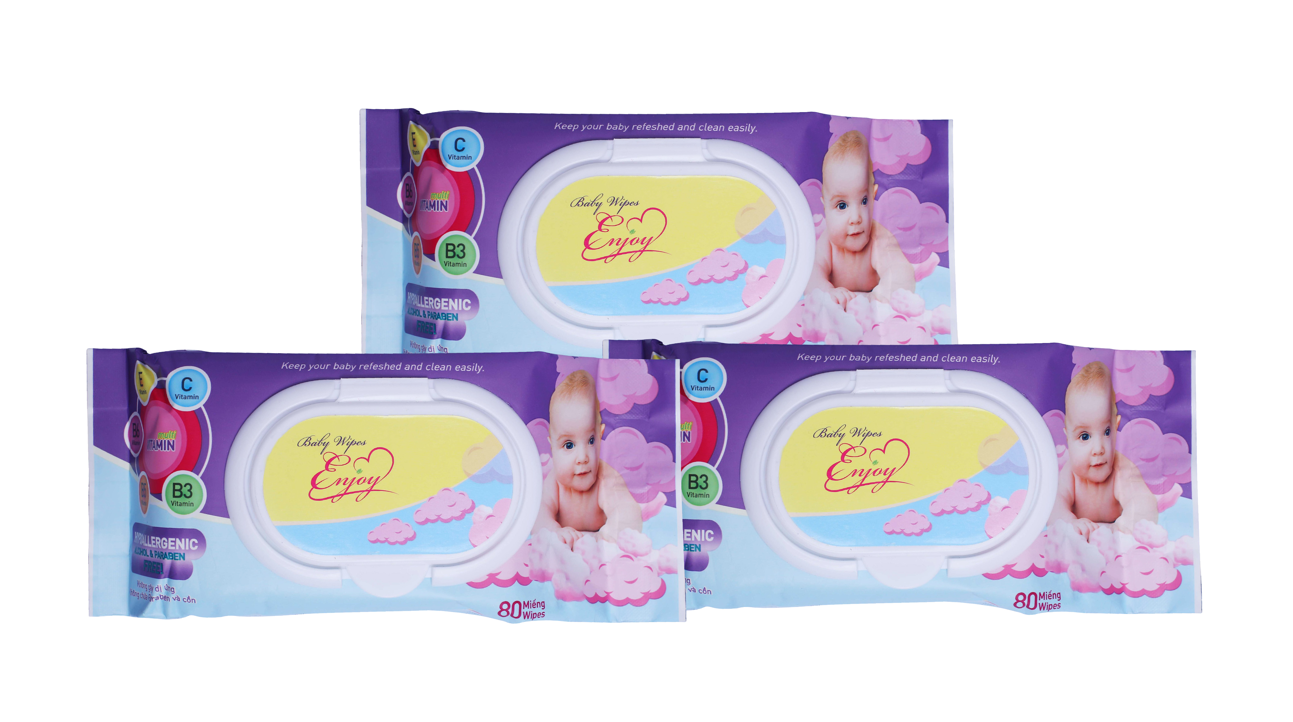 COMBO 3 Gói Khăn ướt em bé ENJOY mềm mại, dưỡng ẩm, tiện dụng, đạt chuẩn sức khỏe SGS - Gói 80 tờ