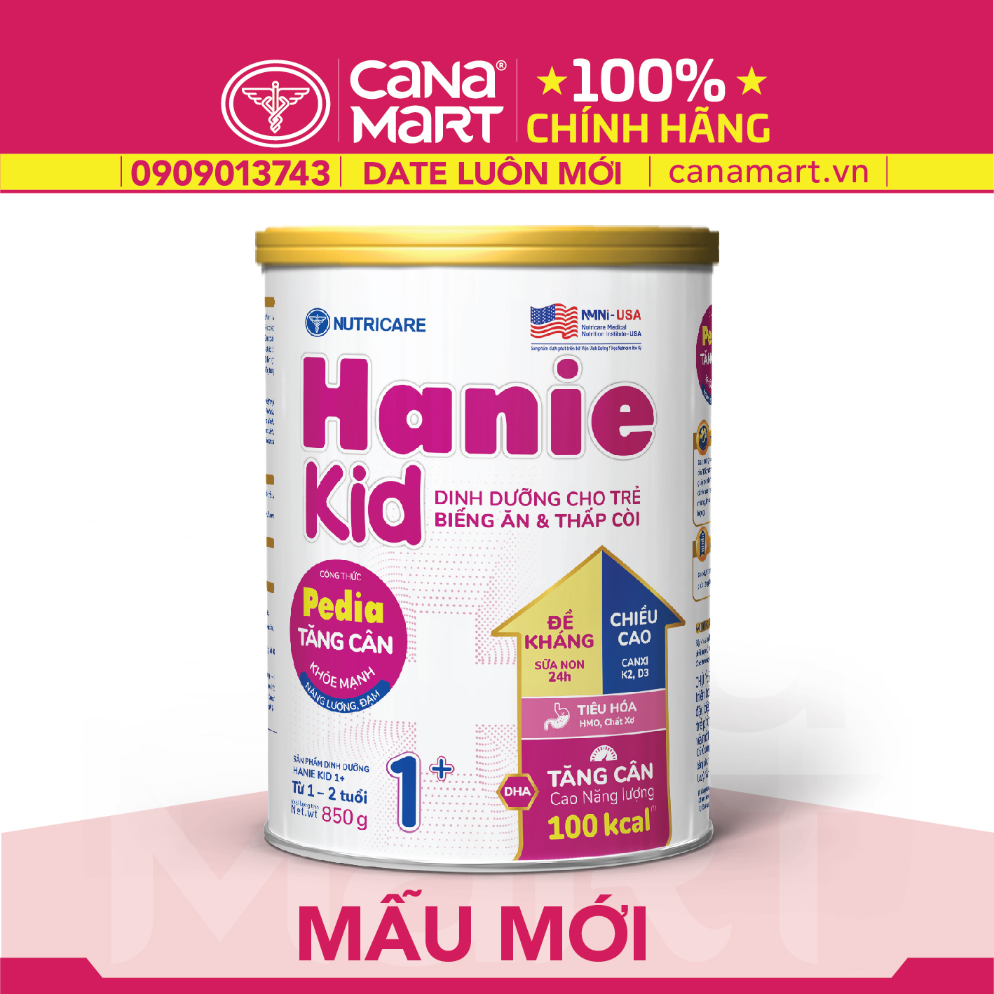 Sữa bột tốt cho bé Nutricare Hanie Kid 1+ dinh dưỡng cho trẻ biếng ăn, suy dinh dưỡng (850g)