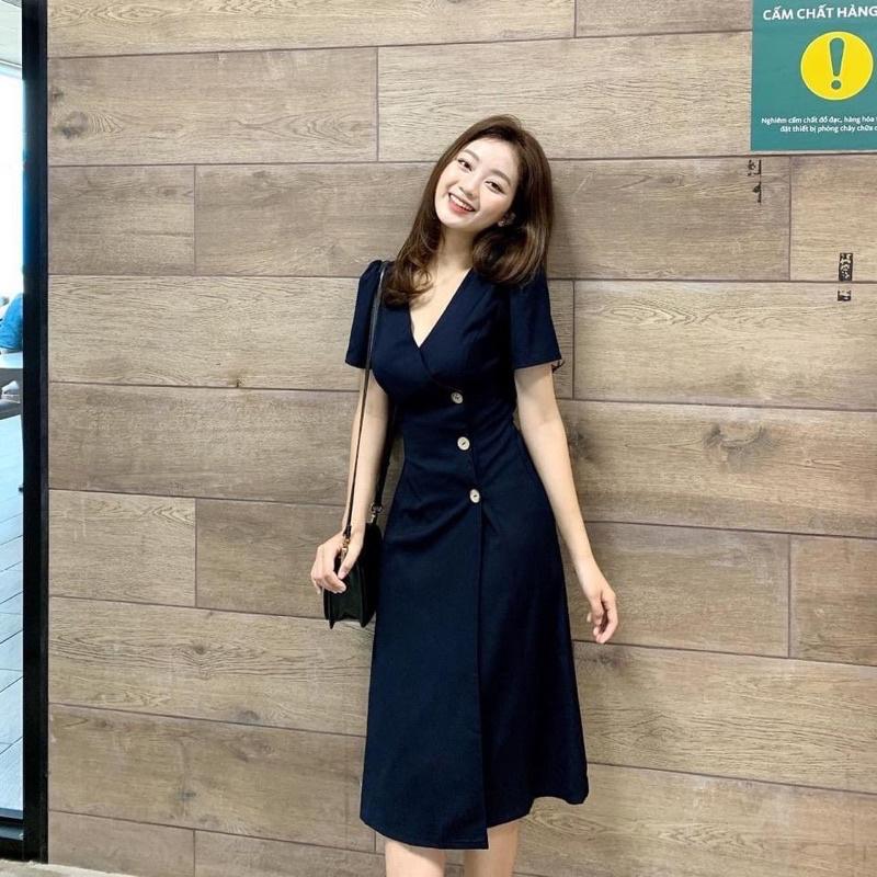 Đầm công sở cổ V phối nút, váy dự tiệc Hàn Quốc nữ trẻ trung, chất liệu mềm mịn cao cấp