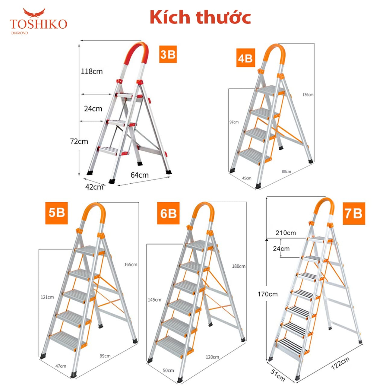 Thang Nhôm Ghế Tay Vịn 3,4,5,6,7 bậc chính hãng Toshiko Nhật Bản Bảo Hành 3 Năm