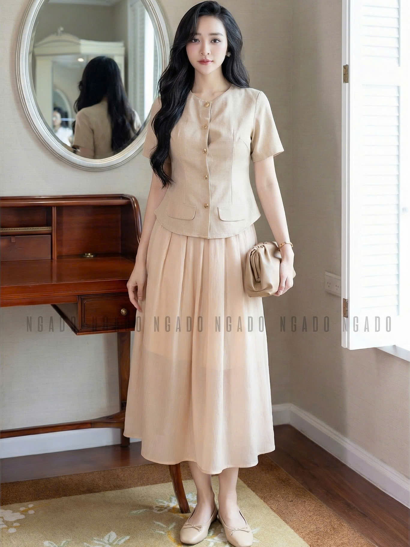 Set áo nâu chân váy voan tơ NGADO , set áo váy Nữ , set công sở , dự tiệc