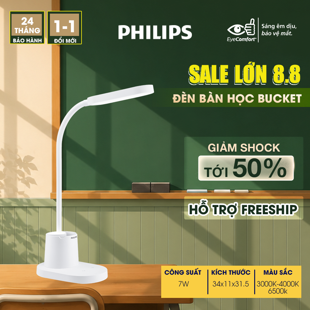 Đèn bàn Philips bảo vệ mắt Bucket DSK214 7W - Điều chỉnh độ sáng, êm dịu cho đôi mắt khỏe đẹp