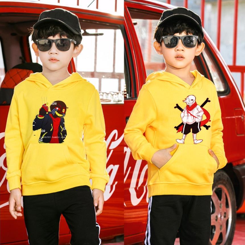 Áo khoác hoodie màu vàng chui đầu in hình Sans cực chất cho bé trai bé gái