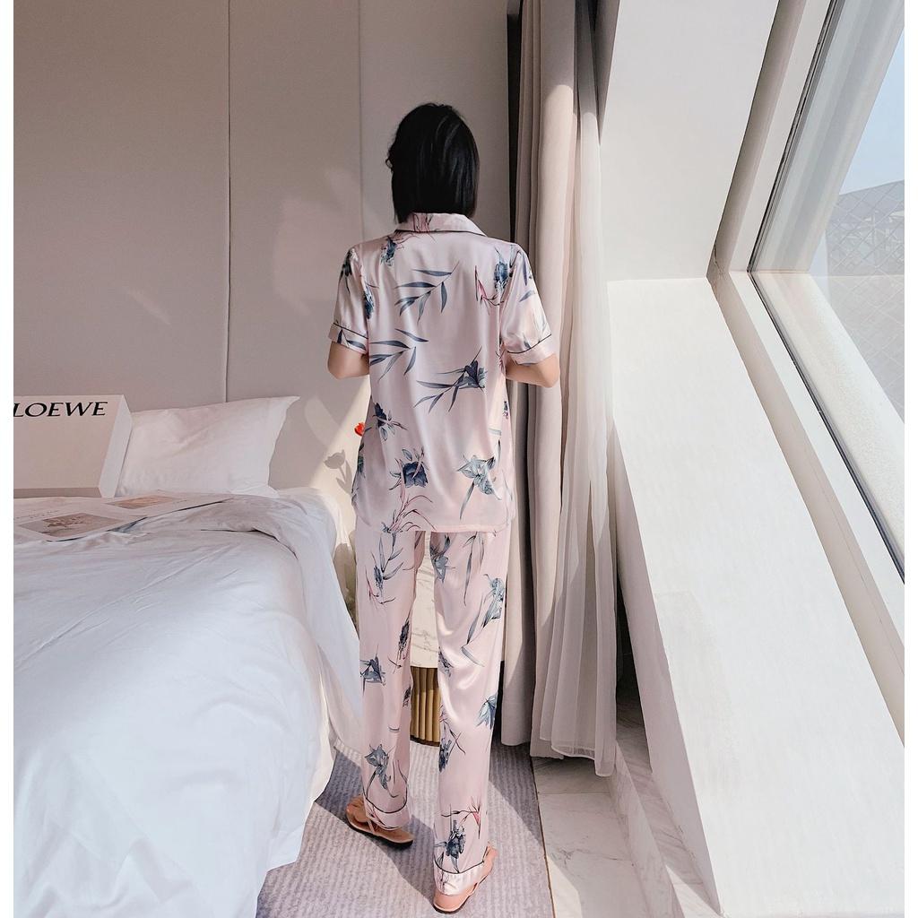 Pijama Nữ - Bộ Ngủ Cộc Dài Vải Lụa Cao Cấp Màu Hồng Nhạt Họa Tiết Lá CDLP07