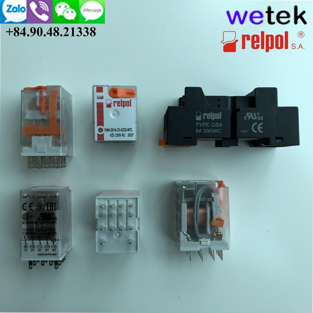 Relay trung gian 4 cặp tiếp điểm 7A Relpol made in Poland R4N kèm đế, cuộn hút 220Vac