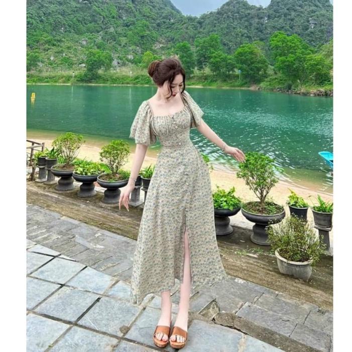 Đầm maxi hoa cổ vuông nhún ngực đính nút siêu xinh