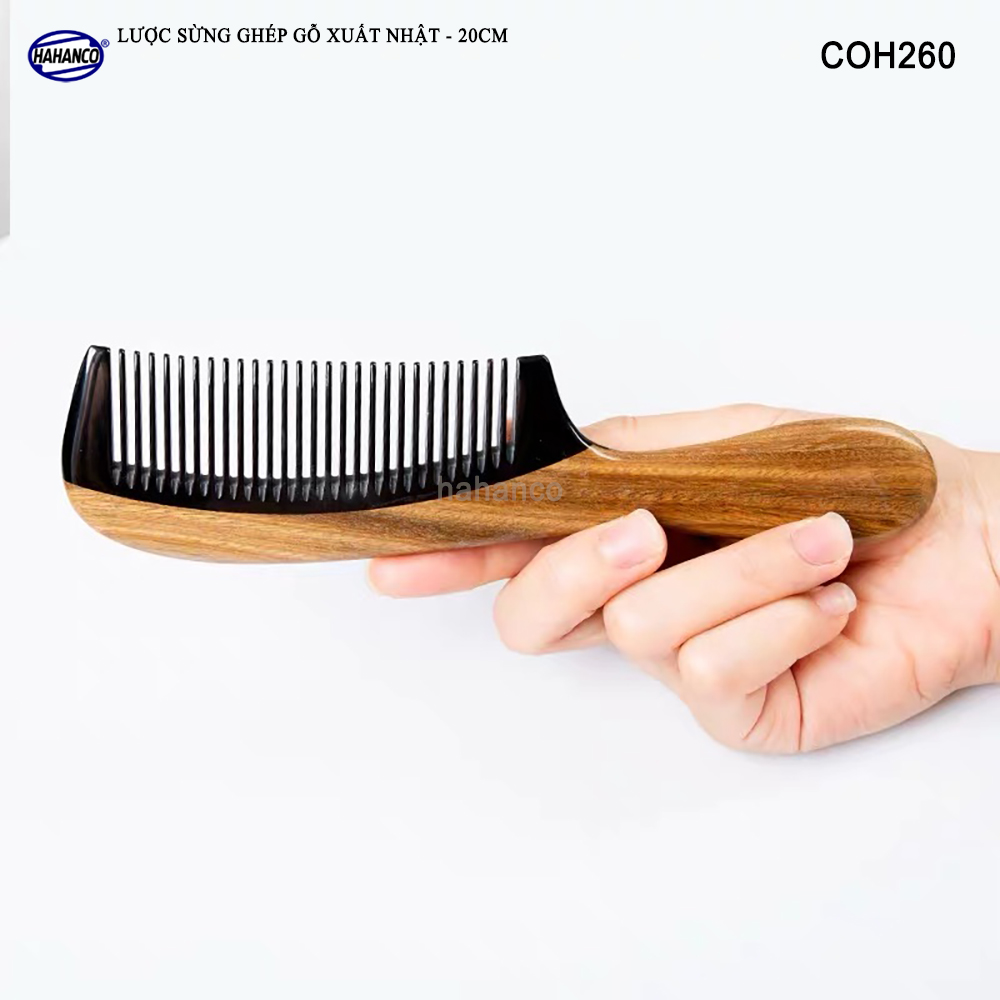 Lược gỗ tự nhiên ghép răng sừng Trâu - Chống tích điện/ dáng lược Châu Âu (COH260).