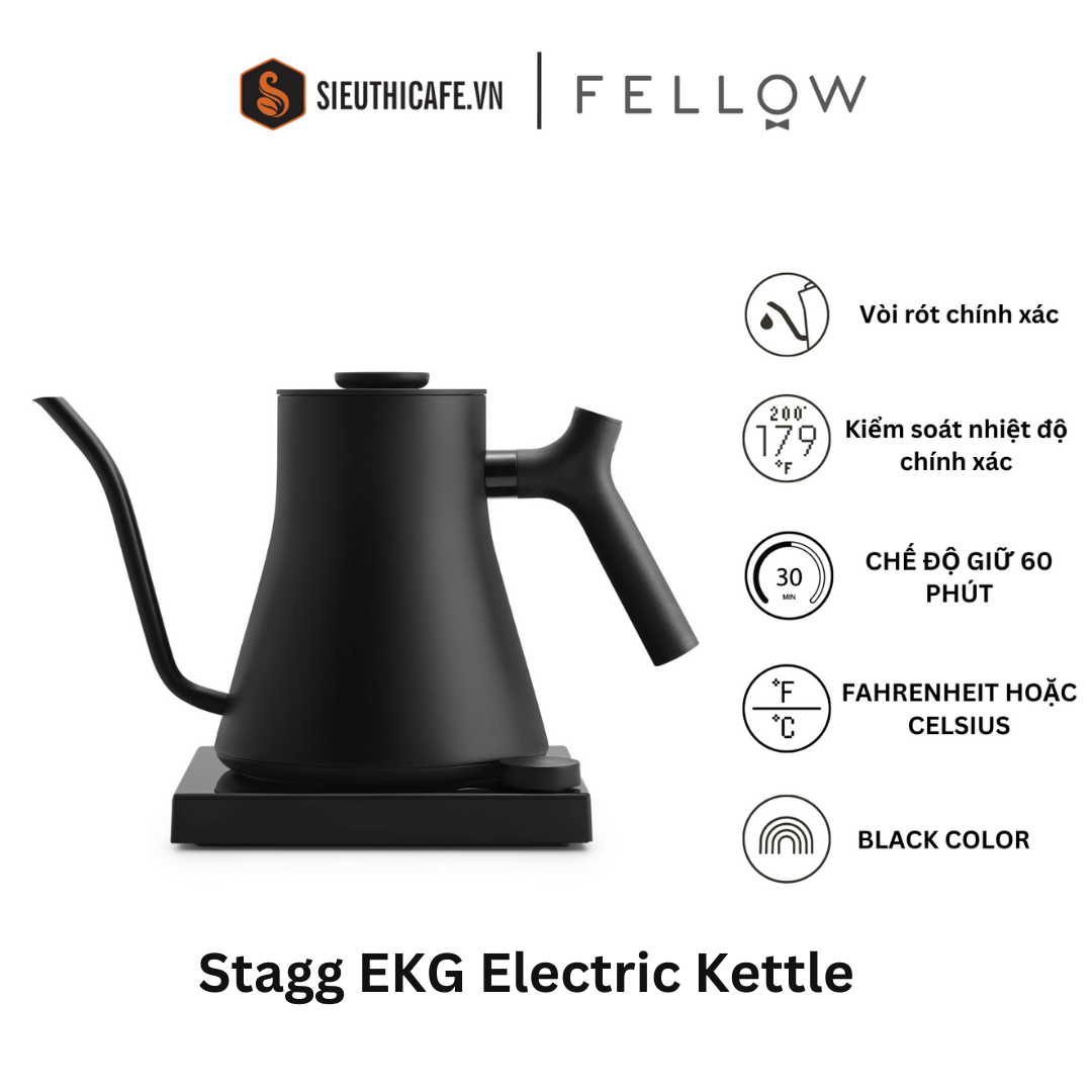 Ấm rót nước điện Fellow Stagg EKG 0.9L Matte Black - Stagg EKG EU, 220V, F Plug [ Hàng chính hãng - BH 1 năm ]