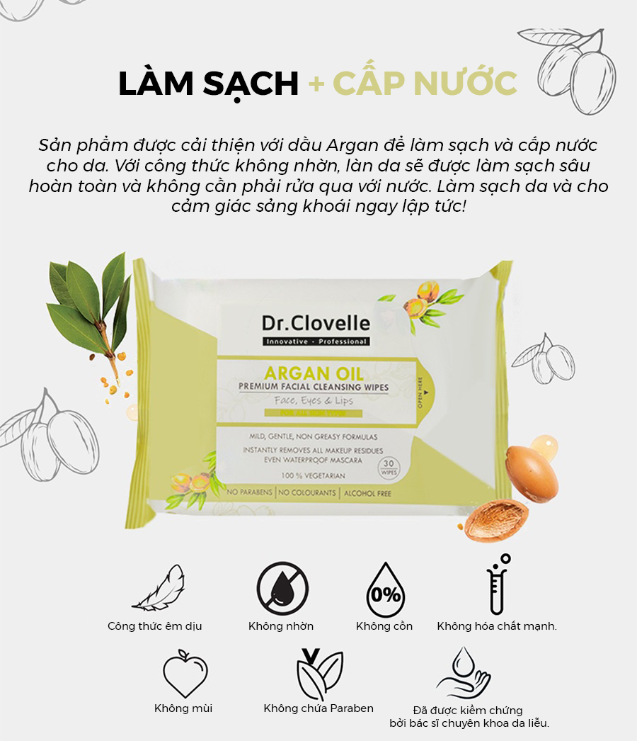 Khăn giấy ướt Anh Quốc cao cấp Dr Clovelle cấp ẩm tức thì cho da, không bã nhờn, tẩy trang hiệu quả, hương dầu Argan thơm mát