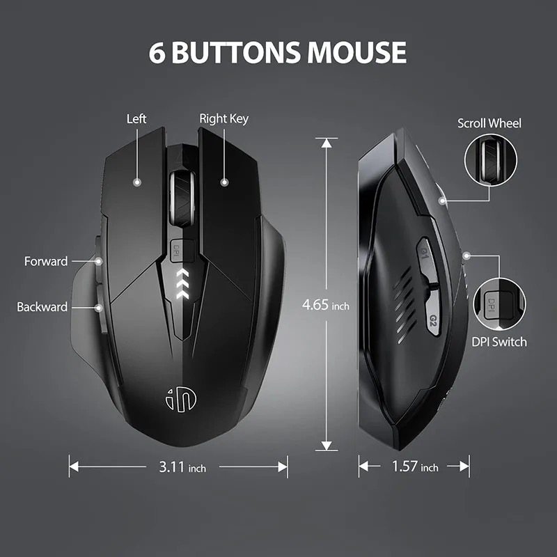 Chuột gaming không dây bluetooth sạc pin TEKKIN Inphic A1 cho game thủ chơi game chuyên nghiệp kết nối Bluetooth và wireless 2.4G - hàng chính hãng