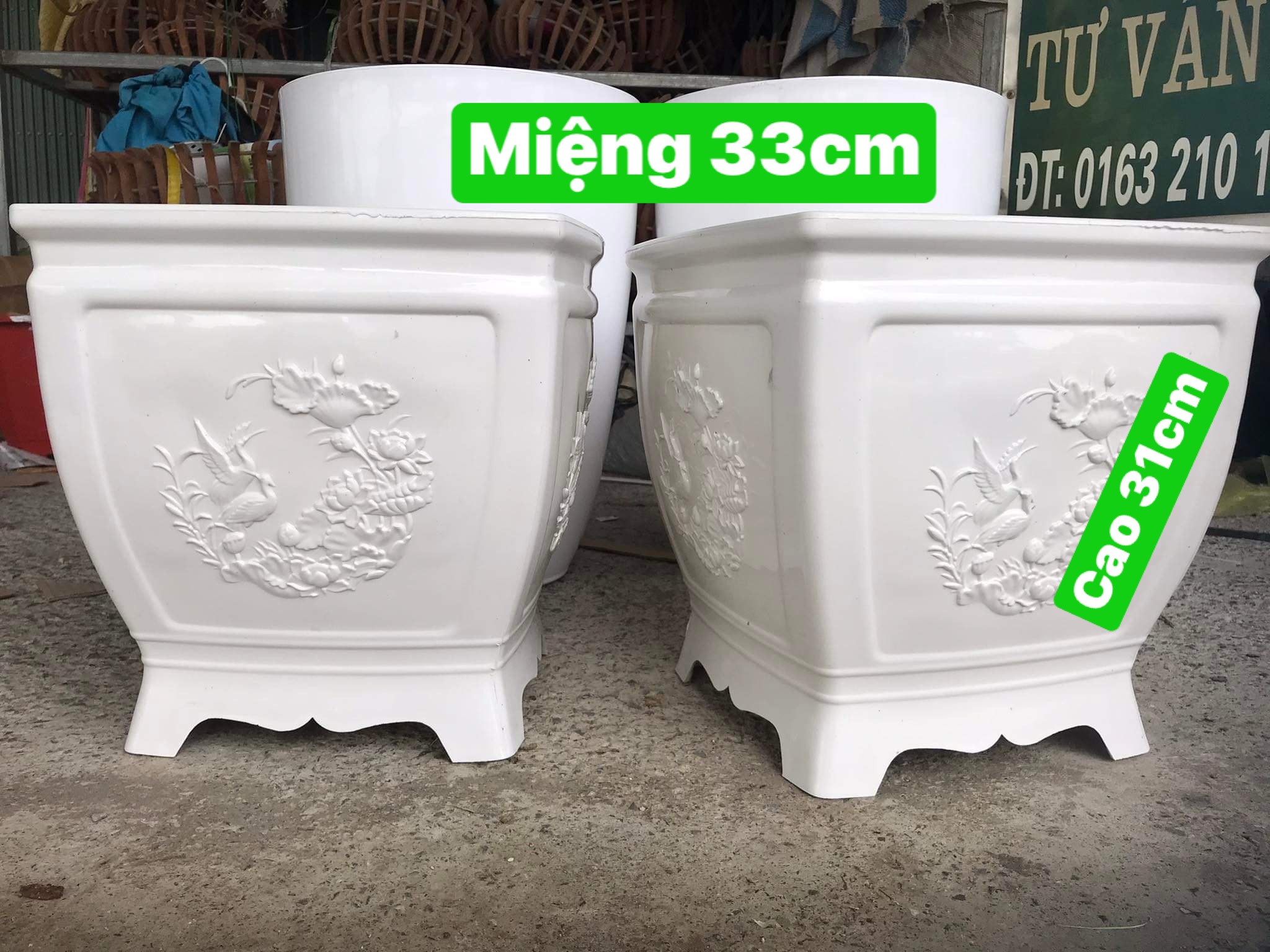 Chậu Trồng Hoa - Cây Cảnh Chưng Tết Hình Vuông Họa Tiết Hoa Sen Sang Trọng, KT 33x31Cm