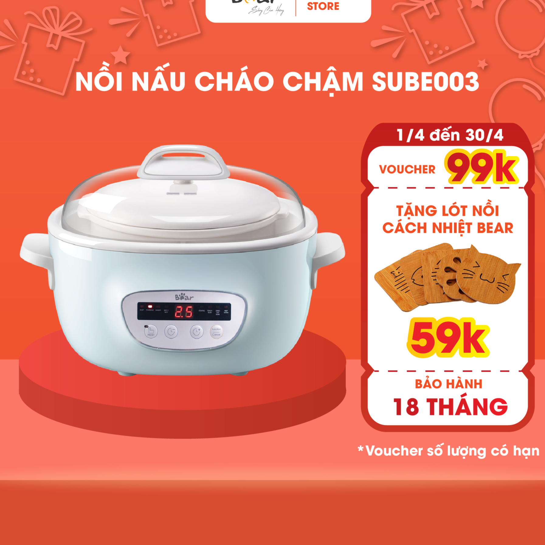 Nồi Nấu Chậm đa năng cao cấp Bear DDZ-C25E1 Dung tích 2.5L Hàng chính hãng