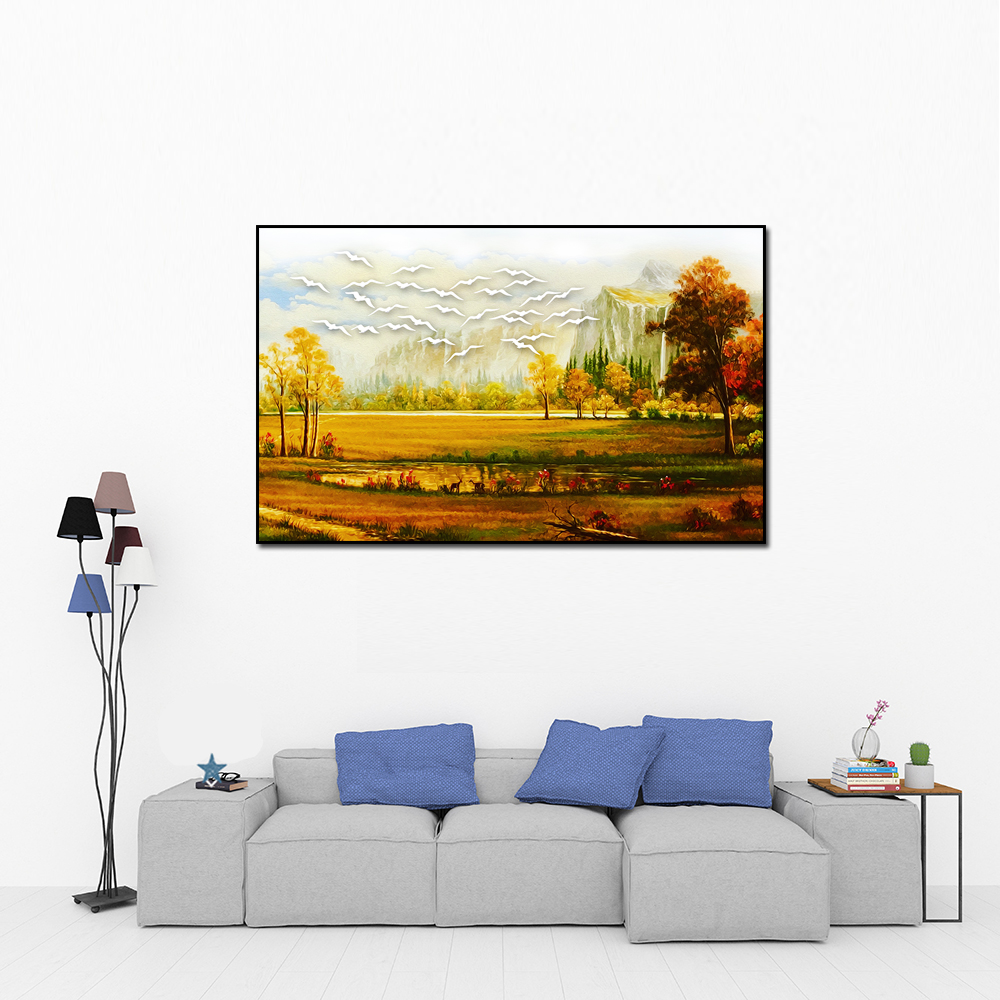 Tranh phong cảnh đồng quê phong cách sơn dầu - vải canvas kim tuyến cán Pima, công nghệ in UV, khung viền composite.